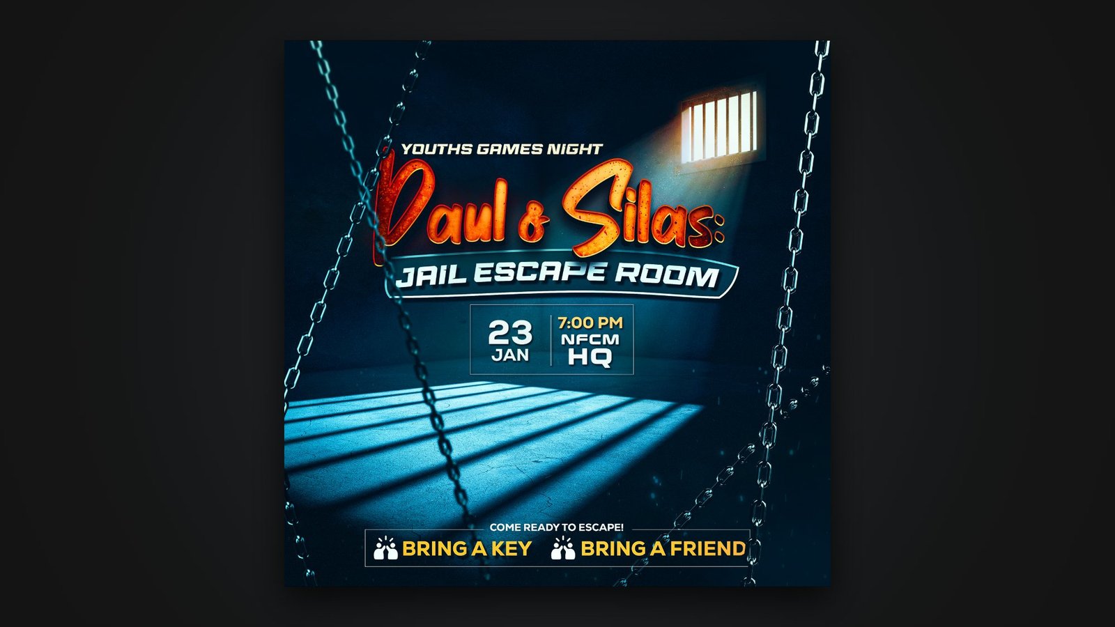 "Paul & Silas: Jail Escape Room" youth games night poster designed by George Malcolm Walker